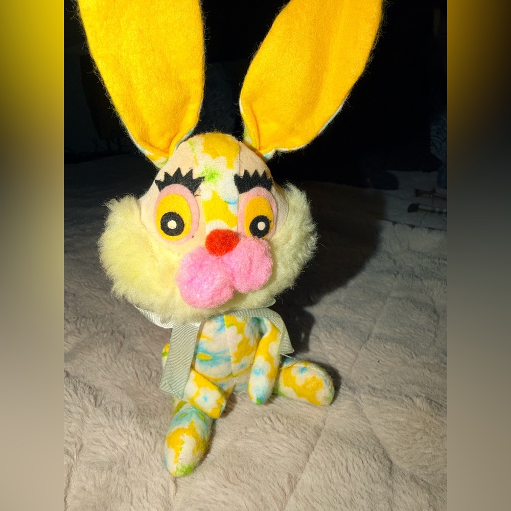 Vintage Velveteen Sawdust Stuffed Yellow Rabbit Japan Dream Pet - Picture 1 of 10